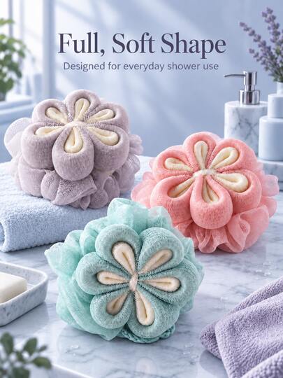 Fresh Macaron Color Polyester Mesh Bath Sponge, With Layered Mesh Fluffy Ball, Soft Grip Petal-Shaped Bath Ball, For Bathing And Showering, Rich Foam Scrubbing Ball, Hangable Bathroom Accessory, Suitable For Shower, Sink, Vanity, Dorm, Travel, SPA Daily, Holiday