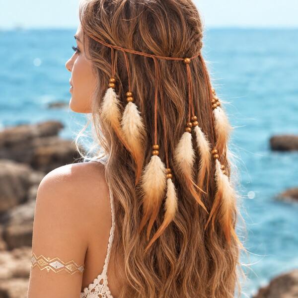 1pc Bohemian Solid Color Natural Feather Beaded Tassel Headband, Suitable For Women's Daily Wear, Vacation, Wedding, Party And Festival