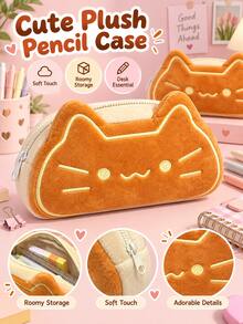 1pc Cute Cat Plush Pencil Case – Soft Cartoon Kitten High-Capacity Pen Pouch – Zippered Stationery Organizer - Multiple Styles - View 2