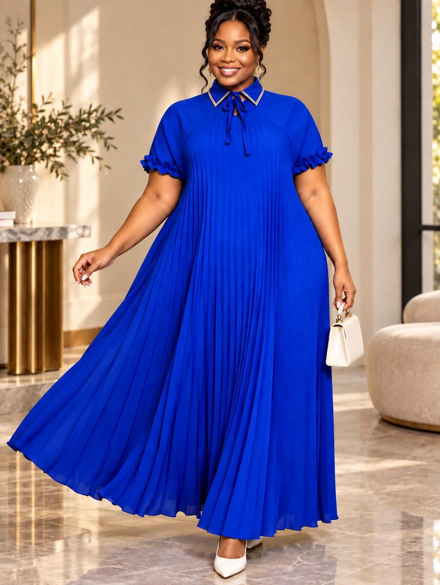 Plus Size Blue Loose Fit Pleated Maxi Dress Ruffle Short Sleeves Beaded Collar Elegant Church Wedding Guest Casual Daily Wear - Blue - View 1