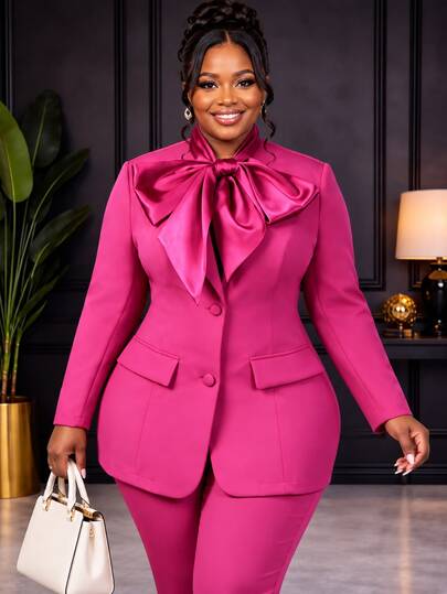 Blazer Wanita Ukuran Plus Elegan Bergaya Mawar, Lengan Panjang, Bukaan Depan, Leher Berikat, Potongan Ramping, Modis untuk Kantor, Kerja, Bisnis, Pesta, Musim Gugur