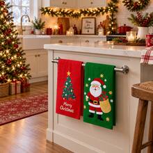 2pcs Santa Claus & Christmas Tree Print Kitchen Towels, Merry Christmas Pattern Hand Towels, Classic Red & Green Christmas Style Dish Cloths Tea Towels, Suitable For Kitchen Cooking, Baking, Cleaning Wiping & Christmas Home Decor - Multicolor - View 5