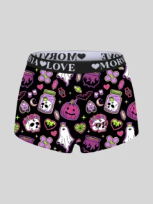 Morvia 6 Pack Halloween Punk Women Boxer Briefs, Skull Pumpkin Bat Ghost Print Wide Letter Elastic Waist Underwear - Multicolor - View 5