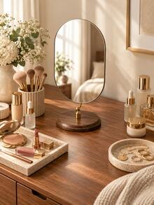Nordic Minimalist Desktop Makeup Mirror, Frameless Oval Vanity Mirror With Walnut Wood Base, Adjustable Tabletop Cosmetic Mirror For Bedroom, Dressing Table, Bathroom & Home Decor - Multicolor - View 5