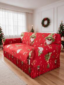 1pc Christmas Santa Claus Ruffle Hem Geometric Pattern Printed Living Room Elastic Spandex Sofa Cover Protector For Chaise Lounge L-Shaped Sofa Cushion Full Coverage 1/2/3/4 Seater - Multicolor - View 11