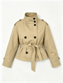Veste trench pour femme printemps automne hiver, élégante veste de ville couleur kaki col montant double boutonnage trench court avec ceinture à la taille et design d'épaulettes, veste de ville début automne style britannique - Kaki - Voir 7