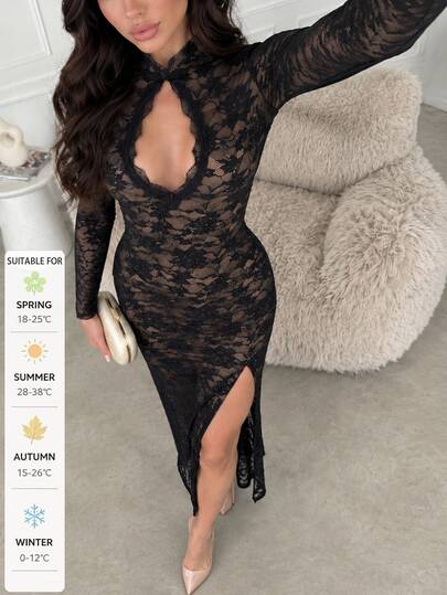 SUNSTORY Women's Autumn Black Lace Stand Collar Long Sleeve Hollow Out Slit Mermaid Dress, Elegant Formal Style, Suitable For Party, Wedding Guest, Evening Event, Concert, Church Ceremony