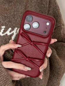 Vintage 3D Bow Red Lychee Texture Back Cover Protective Case, Compatible With Iphone 18 Pro Max, 18 Pro, 17 Pro Max, 17 Pro, 16, 15, 14, 13 Pro Max, 16, 14, 15, 17, Minimalist Shockproof Soft Shell - Red - View 4