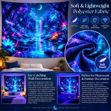 2D Flat Pattern, Single Piece, Forest Waterfall Tapestry, Dreamy Forest Waterfall, Dragonfly, Crescent Moon, Stream, Glowing Flower Pattern, Glows Under Fluorescent Light, Wall Decor, Hanging Fabric, Bedroom Backdrop, Party Decoration - Multicolor - View 11