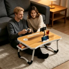 1pc Wood Grain Folding Bed Desk, With Cup Slot, Card Slot And Non-Slip Table Legs, Foldable Lazy Laptop Desk For Reading And Working In Bed, Suitable For Dorm Study, Watching Videos And Working In Bed - Multicolor - View 1