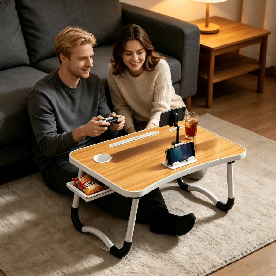1pc Wood Grain Folding Bed Desk, With Cup Slot, Card Slot And Non-Slip Table Legs, Foldable Lazy Laptop Desk For Reading And Working In Bed, Suitable For Dorm Study, Watching Videos And Working In Bed - Multicolor - View 1
