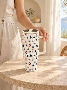 1pc 40oz Nautical-Print Insulated Mug With Handle, Straw, And Lid. Large Capacity Stainless Steel Travel Mug, Suitable For Party Supplies, Car Use, Office, And Vacations - White - View 6