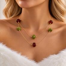 1pc Women's Red & Green Transparent Beaded Long Gold Necklace, Elegant Bohemian Style Sweater Chain For Autumn/Winter, Daily Commute, Party And Holiday Gift Jewelry - Multicolor - View 2