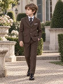 Young Boy Suit Set, Young Boy Piano Performance Outfit, Wedding Flower Boy Dress, 3-Piece Set: Suit Jacket + Pants + Tie - Brown - View 2
