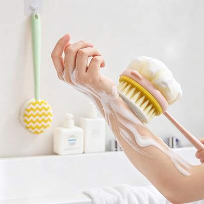 1 pieza Cepillo de baño 2 en 1 con mango largo, exfoliante para la espalda con esponja de lufa, cepillo corporal para ducha para limpieza profunda, incluye gancho adhesivo transparente gratis, herramienta de exfoliación corporal para baño para hombres y mujeres