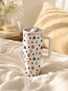 1pc 40oz Nautical-Print Insulated Mug With Handle, Straw, And Lid. Large Capacity Stainless Steel Travel Mug, Suitable For Party Supplies, Car Use, Office, And Vacations - White - View 5