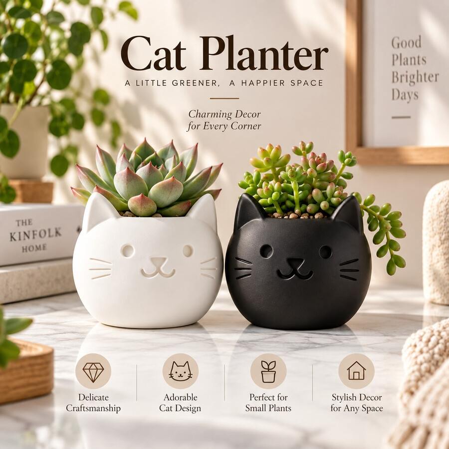 Bohemian Style Mini Cat Planter, Lightweight Polished Asymmetrical Plastic Cat Flower Pot, Home Office Windowsill Desktop Decoration, Unique Gift For Plant And Cat Lovers - Cat-shaped Flower Pot - View 1