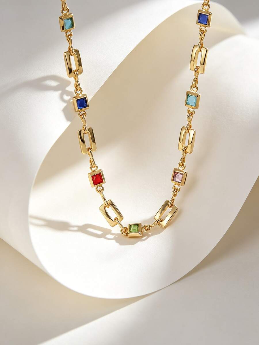 Charm-In قلادة سلسلة هندسية للنساء مطلية بالذهب مع أحجار كريمة ملونة للارتداء اليومي - ذهبي أصفر - مشاهدة 1