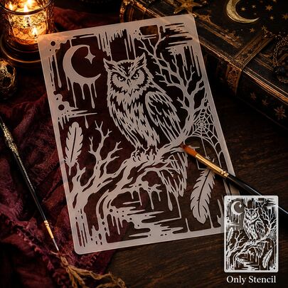 1 pieza Plantilla de búho gótico misterioso con luna creciente, plantilla reutilizable de pintura de pájaro nocturno misterioso en rama, plantilla de arte de escena nocturna de plástico, adecuada para paredes, lienzo, tela, planificador, decoración del hogar DIY, accesorios de proyecto de pintura artesanal de cielo estrellado brujesco