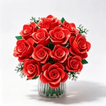 16pcs Red Rose Bouquet Building Blocks Set, DIY Assembly Realistic Flower Bricks Desktop Home Decor Gift - Multicolor - View 7