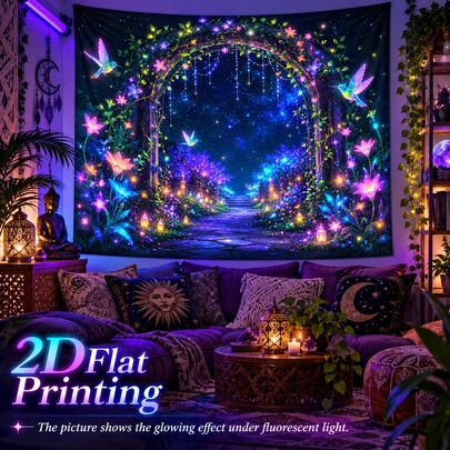 2D Flat Pattern, Single Piece, Garden Arch Tapestry, Purple And Blue Flowers, Vines, Hummingbirds, Pebbles, Street Lamps, Birdcages, Starry Sky, Fireflies Pattern, Glows Under Fluorescent Light, Wall Decor, Hanging Fabric, Bedroom Backdrop, Party Decoration