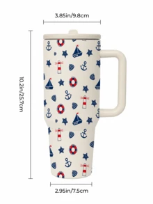 1pc 40oz Nautical-Print Insulated Mug With Handle, Straw, And Lid. Large Capacity Stainless Steel Travel Mug, Suitable For Party Supplies, Car Use, Office, And Vacations - White - View 3
