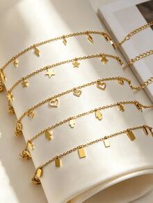 Women's Fashion Gold Stainless Steel Bracelet, Diamond/Sun/Star/Leaf/Heart-Shaped Multiple Mini Pendant Chain, Delicate Stackable Wrist Accessory, Suitable For Daily Wear, Party Occasions And Gift Giving - Gold - View 2