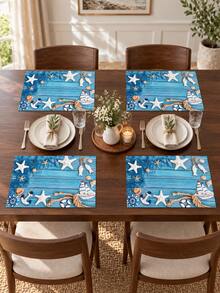 Ocean Nautical Theme Placemats, Blue Wood Grain Starfish Shell Anchor Sailboat Print Table Mats, Suitable For Dining Table Kitchen Beach Vacation Style Home Decor, Party Gathering Setup - Multicolor - View 2