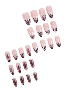 24Pcs Medium Almond Magenta Press On Nails, Irregular Spot French Tips With Brown Ombre, Vintage Purple Floral Pattern & Gold Bead Decor, Elegant Style For Daily Autumn & Winter Wear - Red Violet - View 4