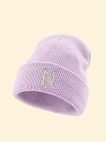 1pc Unisex Outdoor Warm Solid Color Ribbed Knit Beanie With A-Z Letter, Elastic Comfortable Versatile Autumn/Winter Headwear, Suitable For Casual City Outings - Purple - View 31