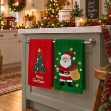 2pcs Santa Claus & Christmas Tree Print Kitchen Towels, Merry Christmas Pattern Hand Towels, Classic Red & Green Christmas Style Dish Cloths Tea Towels, Suitable For Kitchen Cooking, Baking, Cleaning Wiping & Christmas Home Decor - Multicolor - View 3
