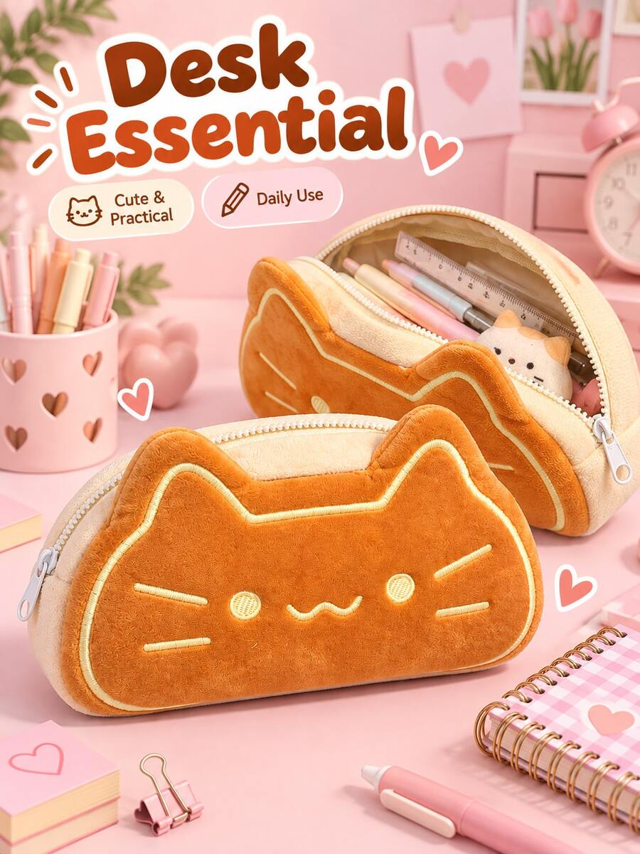 1pc Cute Cat Plush Pencil Case – Soft Cartoon Kitten High-Capacity Pen Pouch – Zippered Stationery Organizer - Multiple Styles - View 1