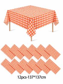 1/6/12PCS-137*274cm Orange And White Plastic Checkered Tablecloth, Decorative Disposable Orange And White Plaid Tablecloth, Suitable For Picnic, Farm, Birthday, Wedding Rectangular Tablecloth, Party Tablecloth, Halloween, Autumn Decoration - Orange - View 13