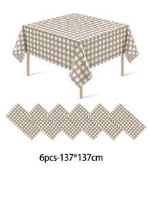 1/6/12PCS-137*274cm Khaki And White Plastic Plaid Tablecloth, Decorative Disposable Khaki Plaid Tablecloth, Suitable For Picnic, Farm, Birthday, Wedding Rectangular Tablecloth, Party Tablecloth, Autumn Decoration - Khaki - View 13