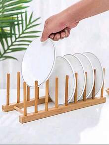 1pc 8-Slot 38cm Bamboo Wood Tableware Rack - Plate Pot Lid Cutting Board Storage Rack For Cabinet - Kitchen Cabinet Storage Rack For Plates, Pots, Lids, Bowls, Bottles, Books And Puzzles - Brown - View 1