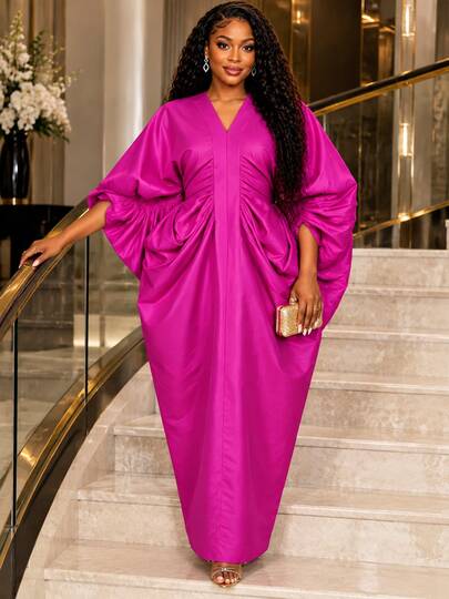 AOMEI African Style Elegant Loose Fit Bubu Women's Long Dress, V-Neck Batwing Sleeve Ruched Modest Caftan Maxi Dress