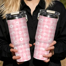 1/5pcs 30oz Portable Insulated Tumbler, Pink Plaid Bottom With White Daisy Flat Print, With Portable Handle Flip Lid, Stainless Steel Vacuum Insulation, Keeps Cold And Hot. Fresh And Soft Pastoral Style, Large Capacity Suitable For Outdoor Carry, Simple And Elegant, Perfect For Daily Use Or As A Thoughtful Gift For Your Best Friend. - Checkered Daisy - View 7