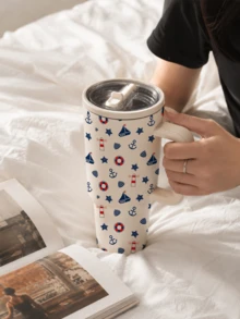 1pc 40oz Nautical-Print Insulated Mug With Handle, Straw, And Lid. Large Capacity Stainless Steel Travel Mug, Suitable For Party Supplies, Car Use, Office, And Vacations - White - View 4