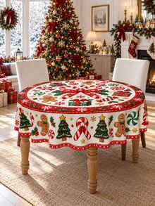 1pc-Retro Gingerbread Man Christmas Table Cover, Red Green Cream Holiday Tablecloth With Candy Cane & Christmas Tree Print, Winter Xmas Dining Room Tabletop Decoration, Lovely Festive Table Linen For Holiday Celebration - Multicolor - View 10