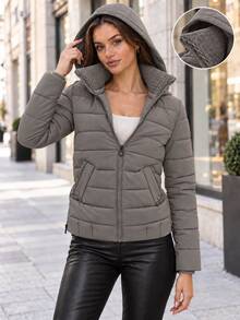Women's Textured Collar Zip Up Hooded Quilted Padded Jacket With Flap Pockets - Grey - View 2