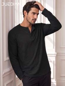 1pc T-Shirt, Solid Color Henley Collar Three-Button Design Loose Fit Long Sleeve Top, Faux Linen Textured Fabric, Skin-Friendly Soft Anti-Deformation, Elegant Slouchy Old Money Style, Suitable For Daily Commute And Friend Gatherings, Machine Washable And Dry Cleanable - Black - View 3