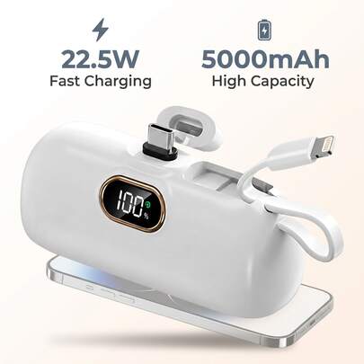 White 5000mAh Power Bank With 22.5W Fast Charging For Compatible Smartphones. A Charger With An Attached Cable And Integrated Plug, Styled With Rounded Capsule Ends And A Black Battery Screen Outlined In Gold-Tone Trim. Take A Portable Charge Along To A Campus Music Recital. A Travel Essential For The Bus Ride, Dinner In Town And An Overnight Stay With Student Friends.