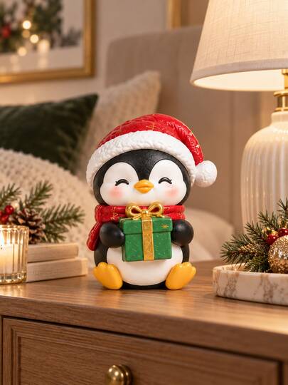 1pc Cute Christmas Penguin Figurine, Holiday Penguin Tabletop Decor With Santa Hat, Christmas Wreath/Tree/Gift Box, Festive Desktop Ornament For Home Mantel Shelf Living Room, Xmas Winter Decoration Gift