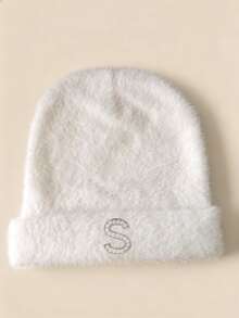 1pc Women's Customized A-Z Letter Rhinestone Pearl Plush Cuffed Knit Beanie, Warm Winter Christmas Gift Hat - White - View 24