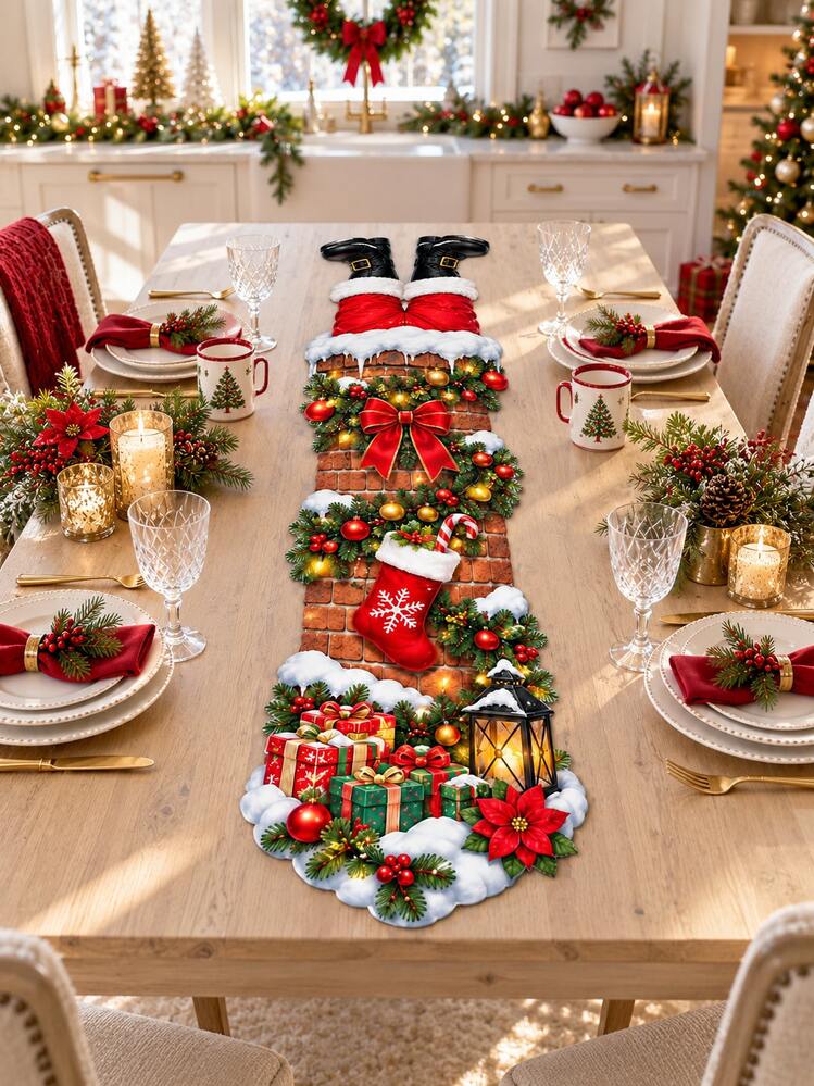 1 cái khăn trải bàn dài trang trí Noel họa tiết ông già Noel hài hước bên ống khói, phong cách Farmhouse, kèm quà tặng, đèn lồng, hoa trạng nguyên và lá holly, khăn trải bàn ăn phòng ăn cho tiệc Giáng sinh và trang trí nhà cửa - Nhiều màu - Xem 15
