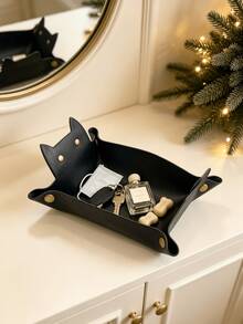 1pc Cat Shaped Storage Tray, Minimalist Faux Leather Foldable Decorative Tray With Metal Button Details, Desktop Catchall Organizer For Entryway Bedroom Daily Use - Multicolor - View 3