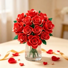 16pcs Red Rose Bouquet Building Blocks Set, DIY Assembly Realistic Flower Bricks Desktop Home Decor Gift - Multicolor - View 5