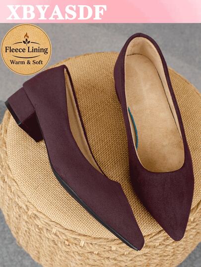 XBYASDF Zapatos de tacón alto de 3 cm para mujer en ante morado oscuro con punta fina, tacón grueso, forro térmico, zapatos cómodos para otoño/invierno para ir al trabajo