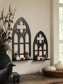 1pc Arched Wall-Mounted Storage Rack, Vintage Gothic Style Black Hollow Wall Display Shelf, Cathedral-Inspired Mini Plant Shelf, Halloween Party Backdrop Candle Holder Wall Storage Rack, Home Decor For Entryway, Living Room, Study, Bedroom, Aromatherapy Stone & Crystal Display, Gift - B - View 9