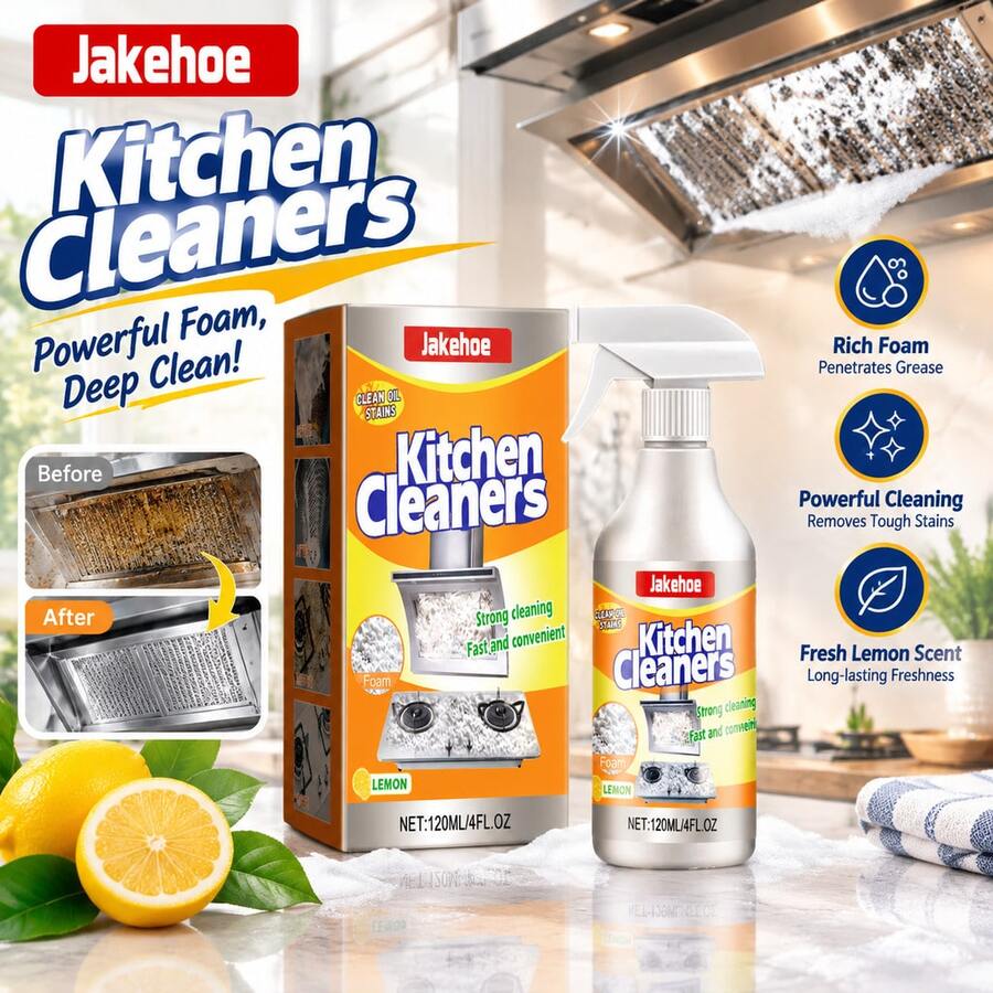 jakehoe Limpiador de Espuma para Cocina, elimina manchas de grasa persistente en estufas y campanas extractoras, espuma abundante, fácil de enjuagar sin residuos, evita la re-acumulación de grasa, fórmula suave para limpieza doméstica de superficies de cocina.